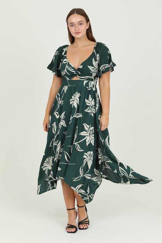 C4A03-W921V NECK TWIST FRONT CUT OUT HANKY HEM MAXI DRESS
