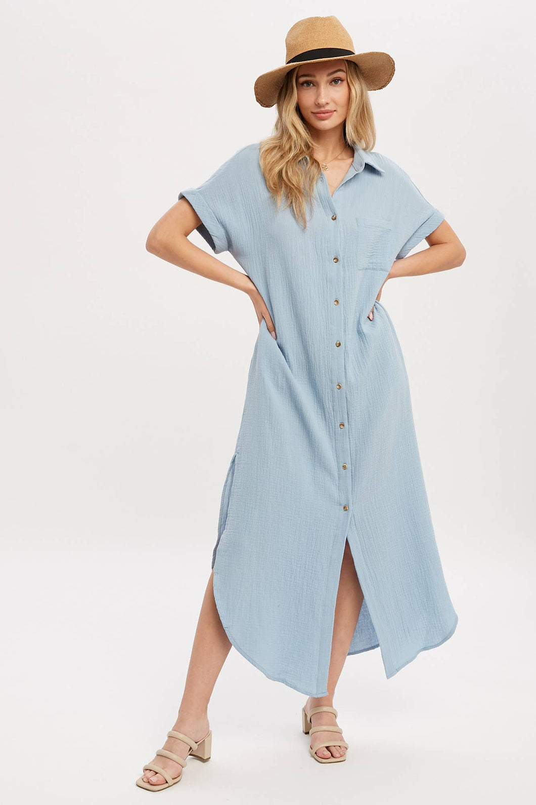 CHAMBRAY BUTTON UP MAXI SHIRT DRESS WITH POCKET