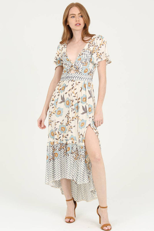 C4795-A847 V NECK TWIST FRONT CUT OUT DETAIL MAXI DRESS