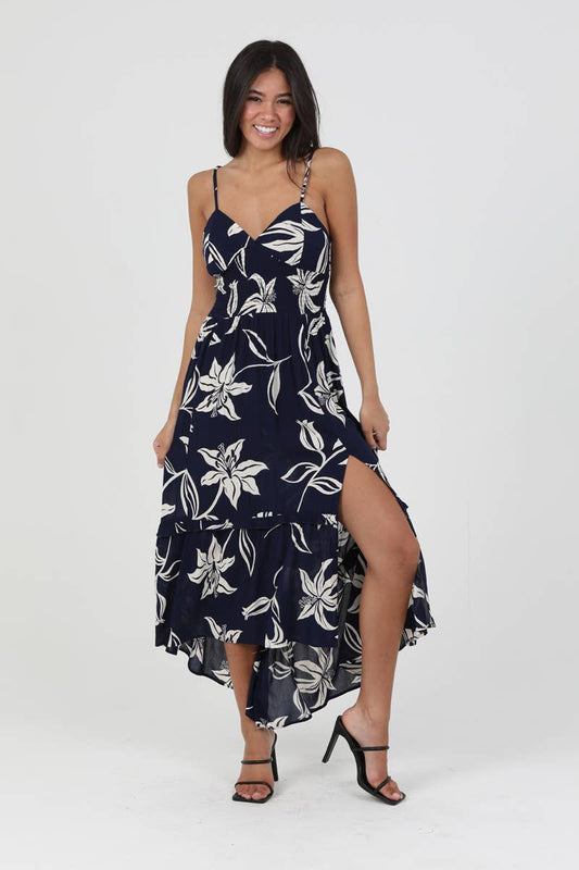 C4729-W921 LACE UP BACK DETAIL MIDI DRESS WITH SIDE SLIT