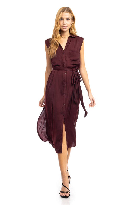 Pleated Shoulder Cap Sleeve Midi Shirt Dress - JD116314: MERLOT