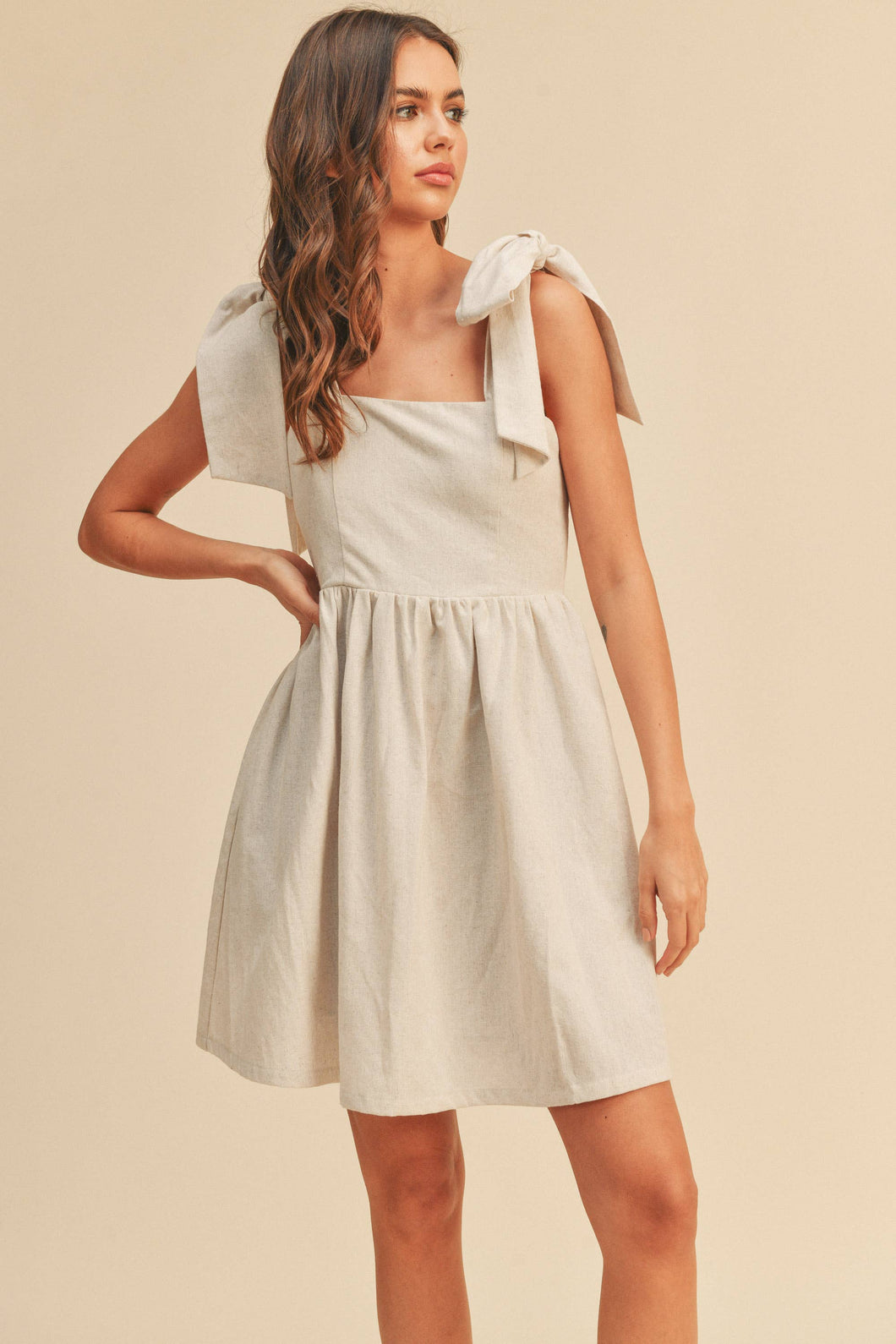 D2250 COTTON LINEN TIED IN SLEEVE DRESS WITH POCKET