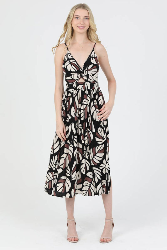 F4J10-WA32 V NECK TWIST FRONT MIDI DRESS