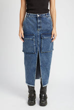 Load image into Gallery viewer, DENIM CARGO SKIRT WITH FRONT SLIT: DENIM BLUE
