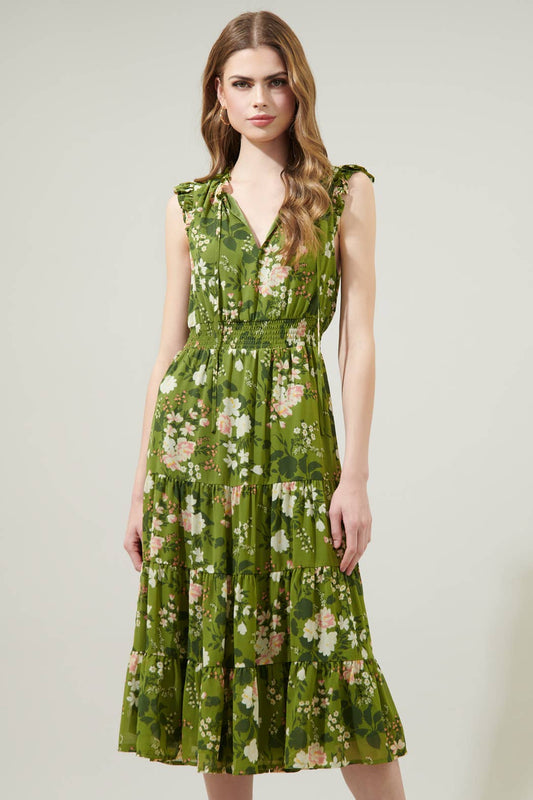 Shiloh Floral Pisces Smocked Midi Dress: IVORY-PINK-GREEN