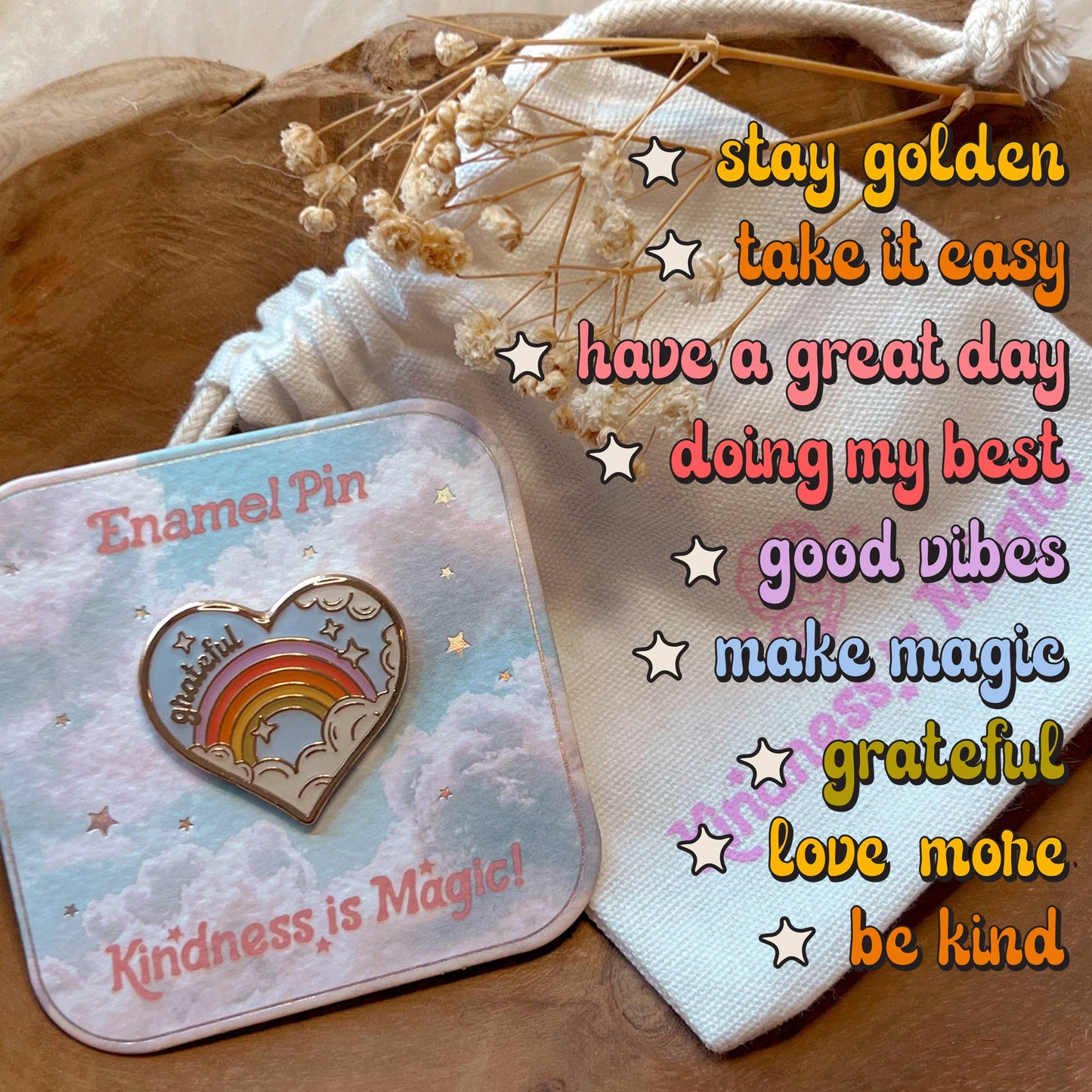 Inspirational Rainbow Heart Enamel Pin - Positivity Optimism - Kindness is Magic