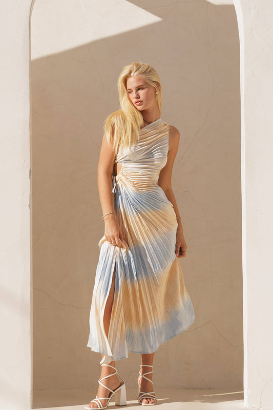 QD8571	 Printed Pleat Asymmetrical dress: SEA BLUE/SAND