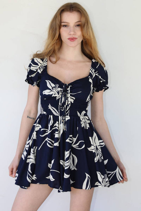 Q5X75-W921 navy SWEETHEART NECK SMOCKED WAIST ROMPER