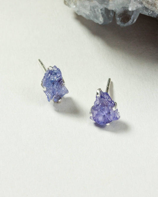 Raw Beauty Post Earrings- Sterling Silver - Tanzanite