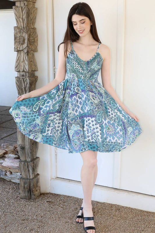 F4J69-W909 SMOCKED V NECK SUNDRESS