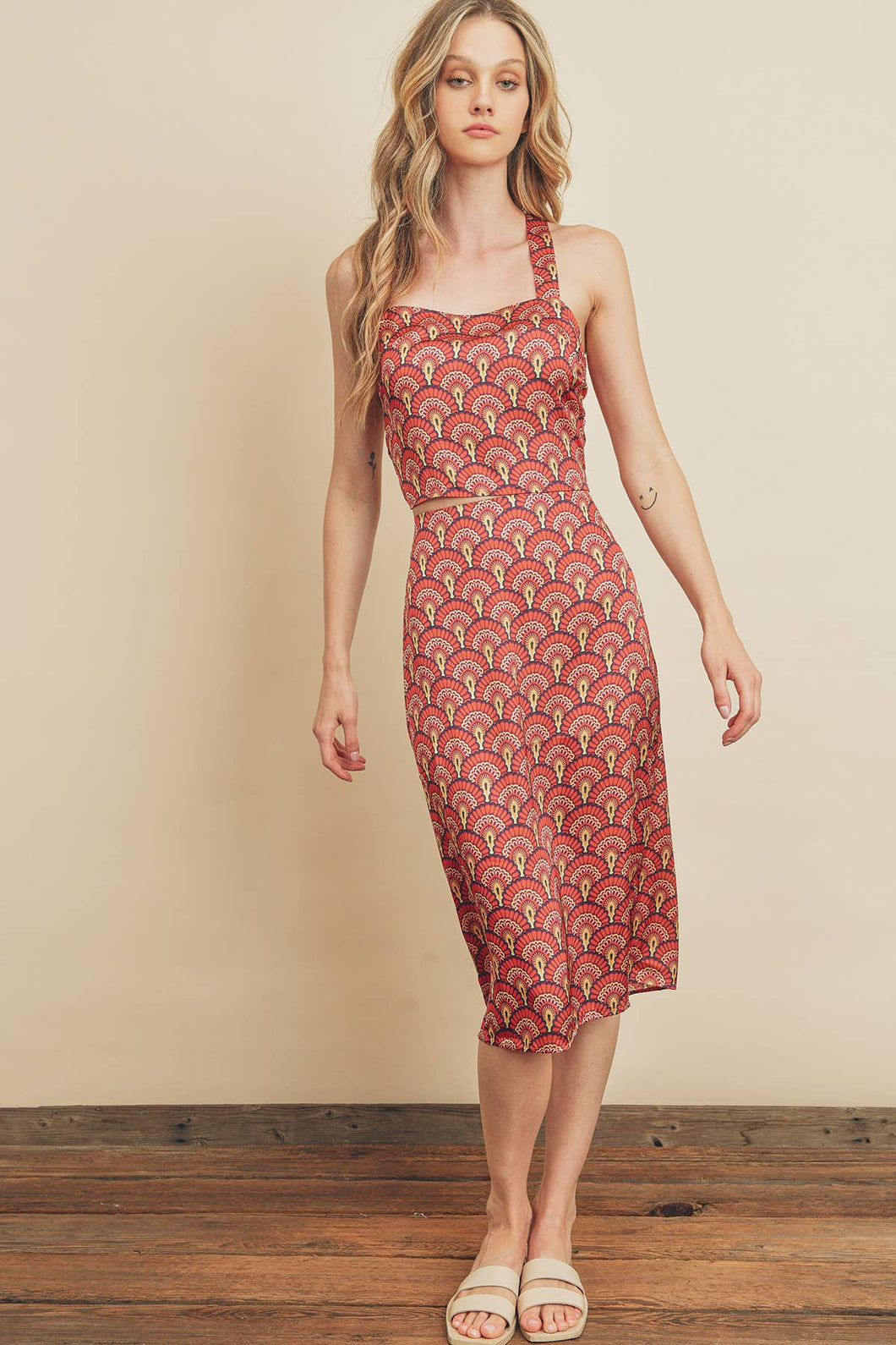 FS9590 - M - Midi skirt in traditional Japanese pattern inspired p