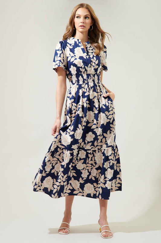 Lilo Night Tropics Belraj Poplin Midi Dress: NavyCream