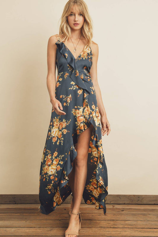 FD3126 Floral Asymmetrical Ruffle Maxi Dress