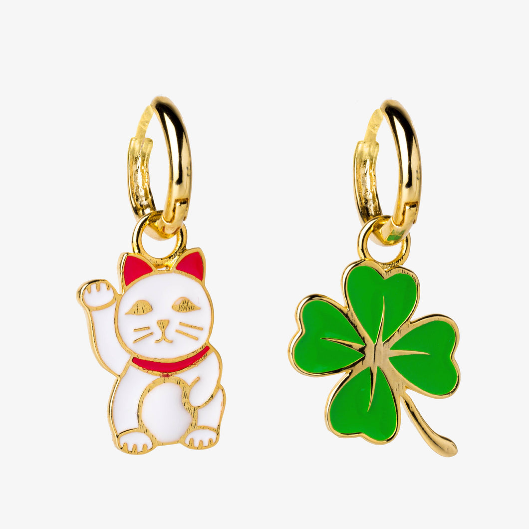 Hoop Earrings - Lucky Cat & Clover