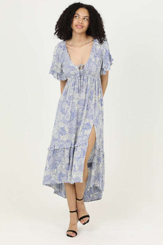 C4B39-A853 V NECK SMOCKED BODICE MAXI DRESS WITH SLIT