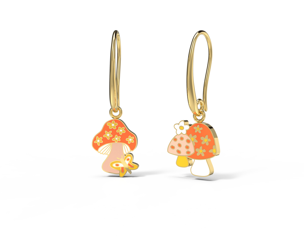 Mushroom Butterfly Earrings - 18k Gold Gilt Enamel