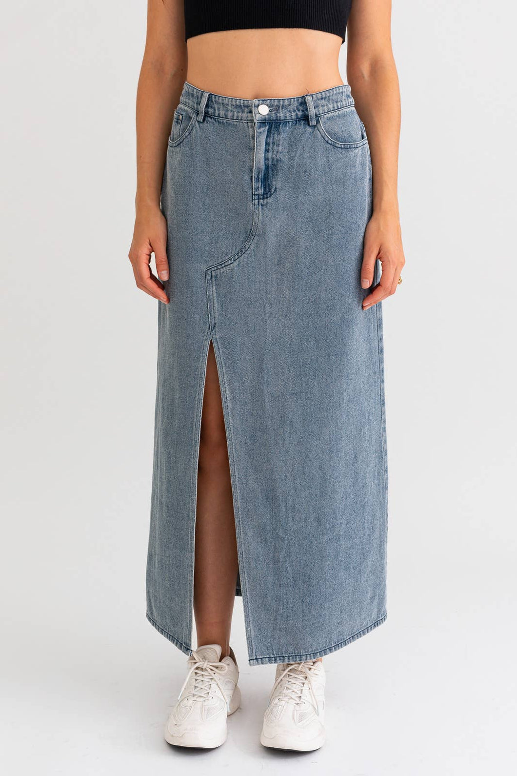 SS9084 LOW WAIST SLIT DETAIL DENIM MAXI SKIRT
