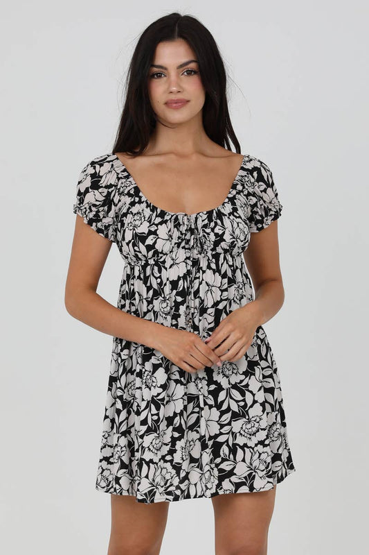 C4A28-FQ80 PUFF SLEEVE PRINTED DRESS