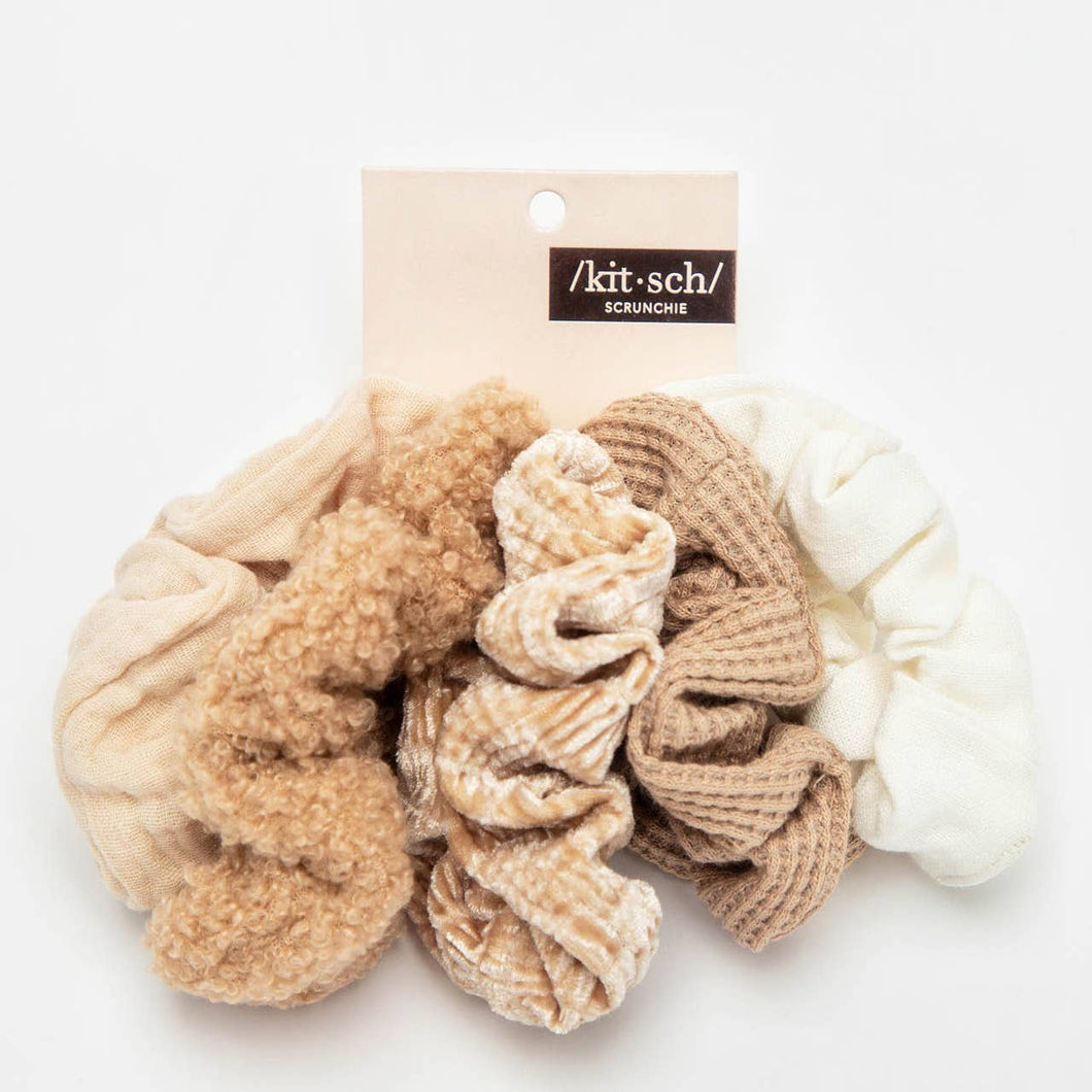 NEW - Shopify - Assorted Textured Scrunchies 5pc - Sand - SSH