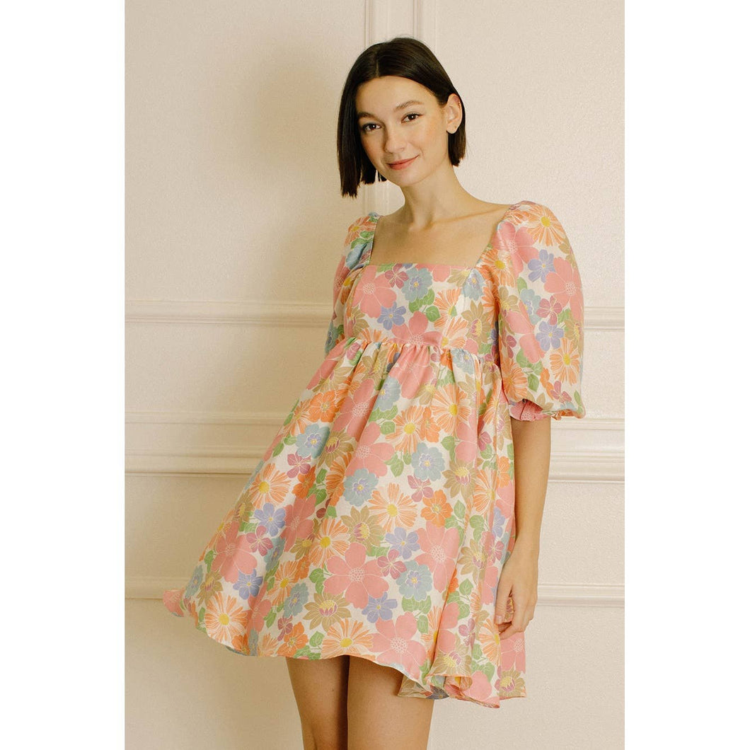 JD2443-48 BRIGHT MULTI COLOR FLORAL PRINT BABY DOLL DRESS