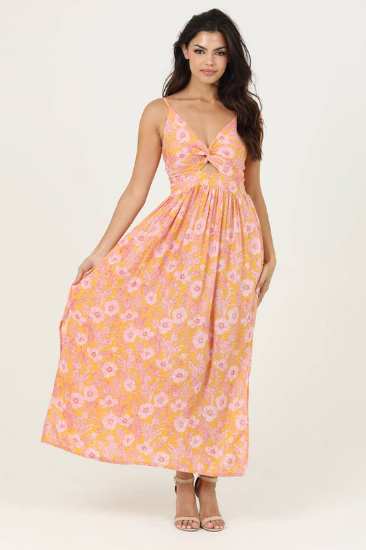 F4B48-A798 V NECK TWIST FRONT CUT OUT MAXI DRESS