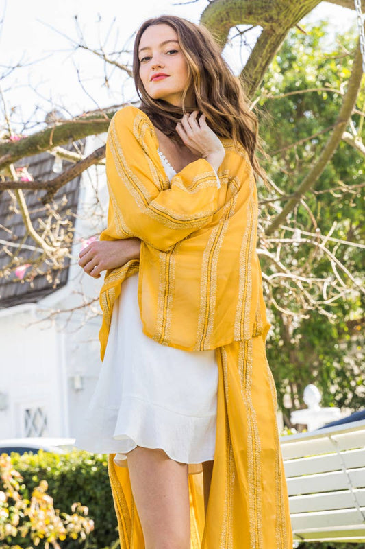 LARGE - EJ91532HZ Lurex Striped Maxi Kimono Cardigan - En Creme