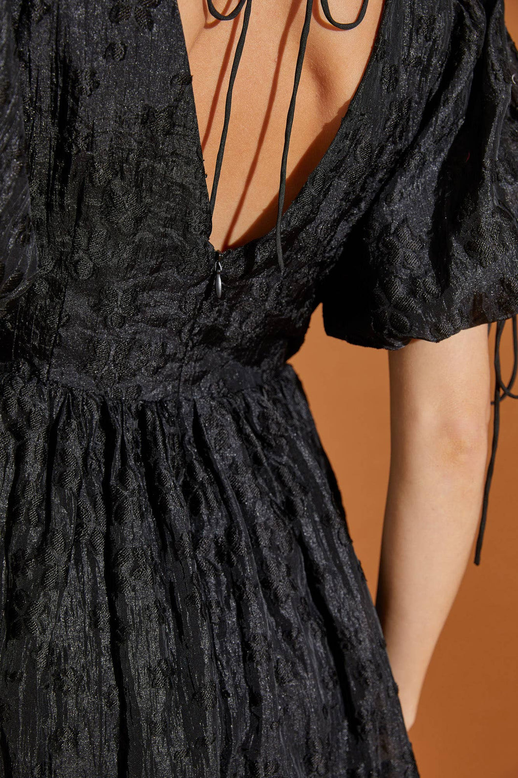 Floral Lace Detail Lace- Up Women's Dress: BLACK