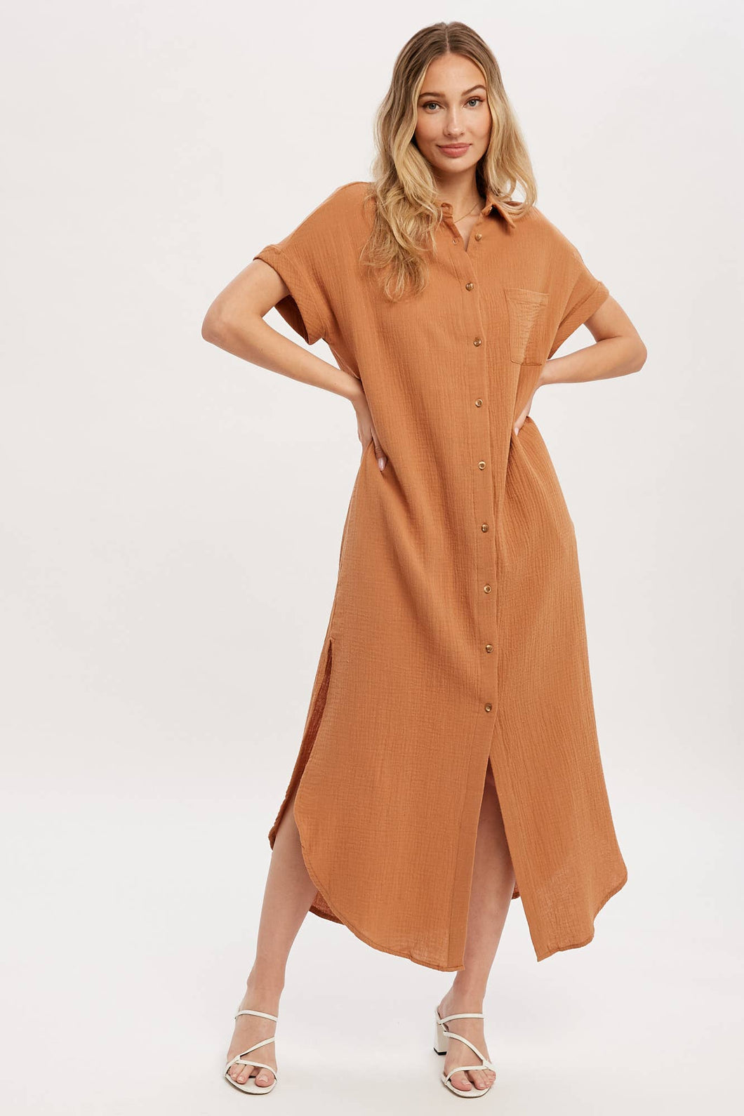 X D01028 - BUTTON UP MAXI SHIRT DRESS WITH POCKET