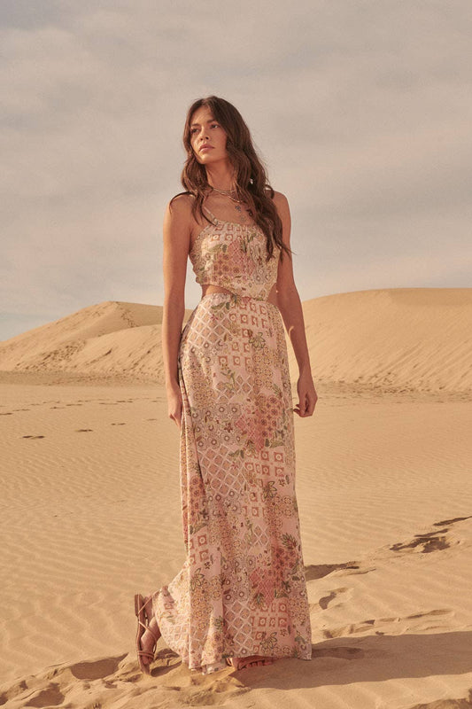 Floral Patch Straight Neck Cami Cutout Mini Dress: Blush