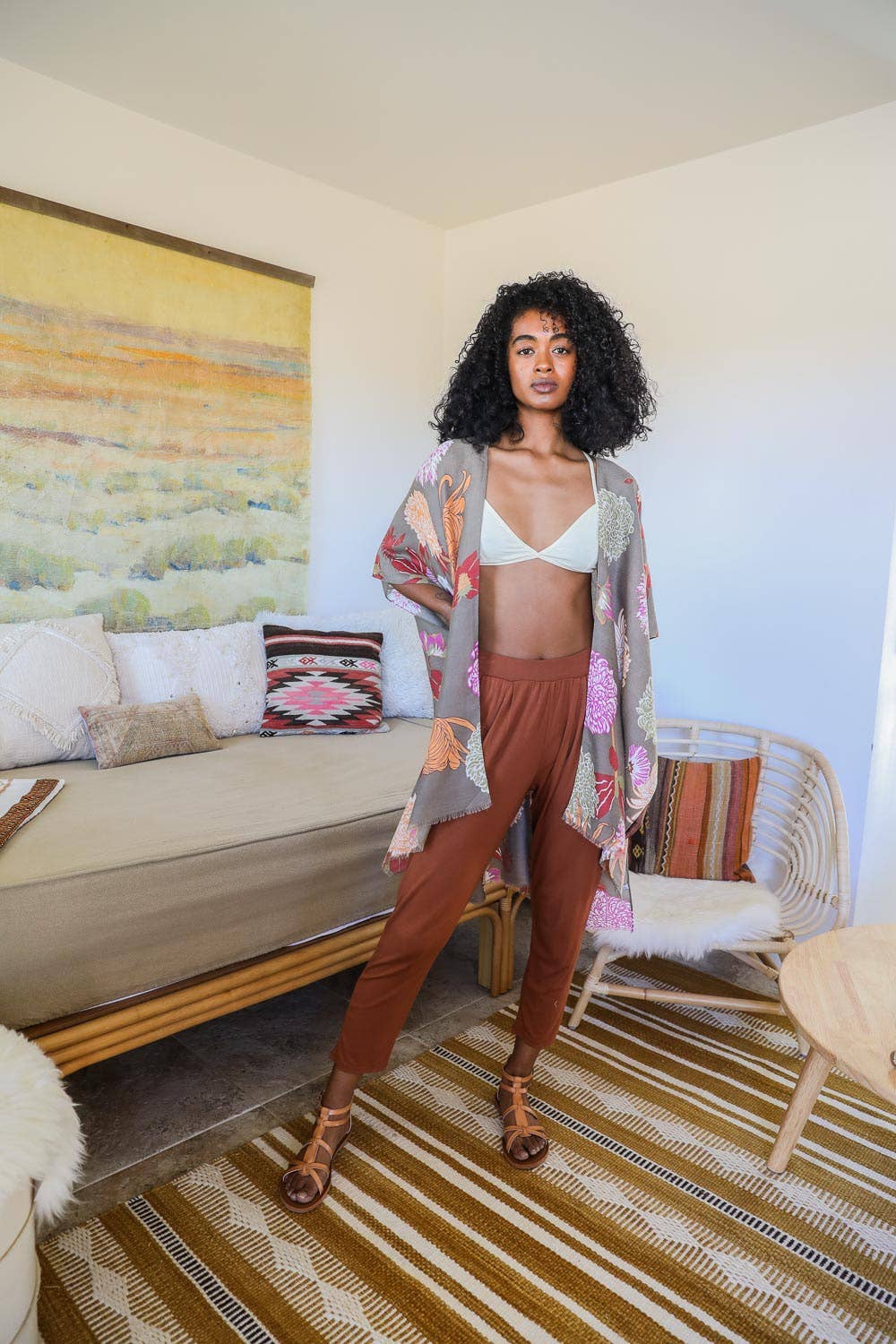 Floral Motif Combo Kimono: Taupe