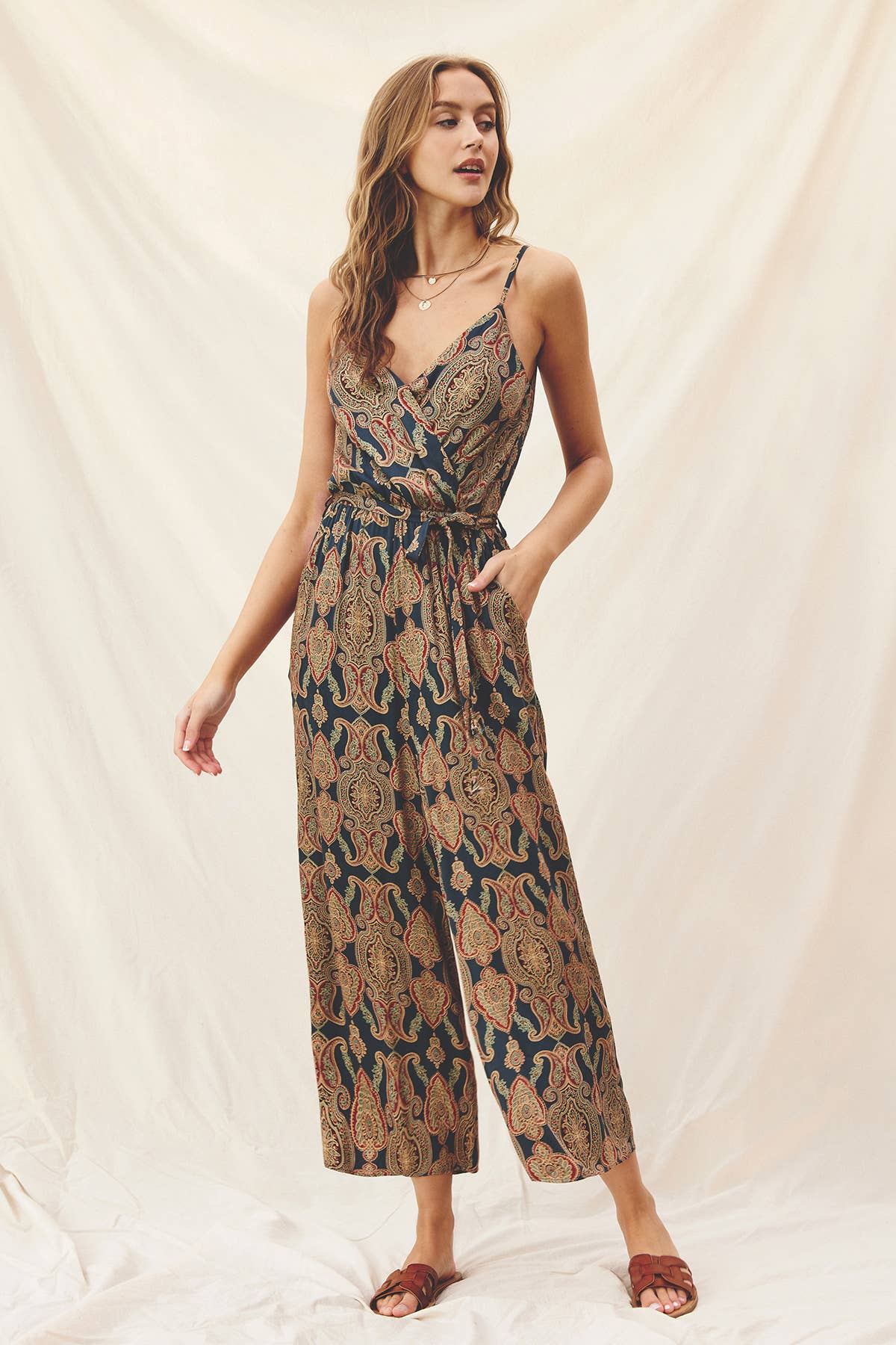 Tie-Dye Stamp Side Slit Tie-Ankle Jumpsuit