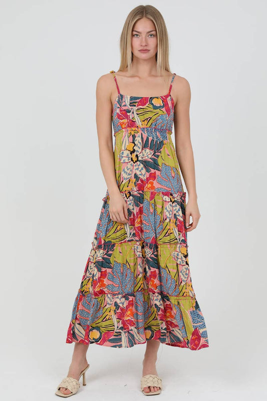C4A15-A865 TIE STRAPS TIERED MAXI DRESS IN TROPICAL PRINT
