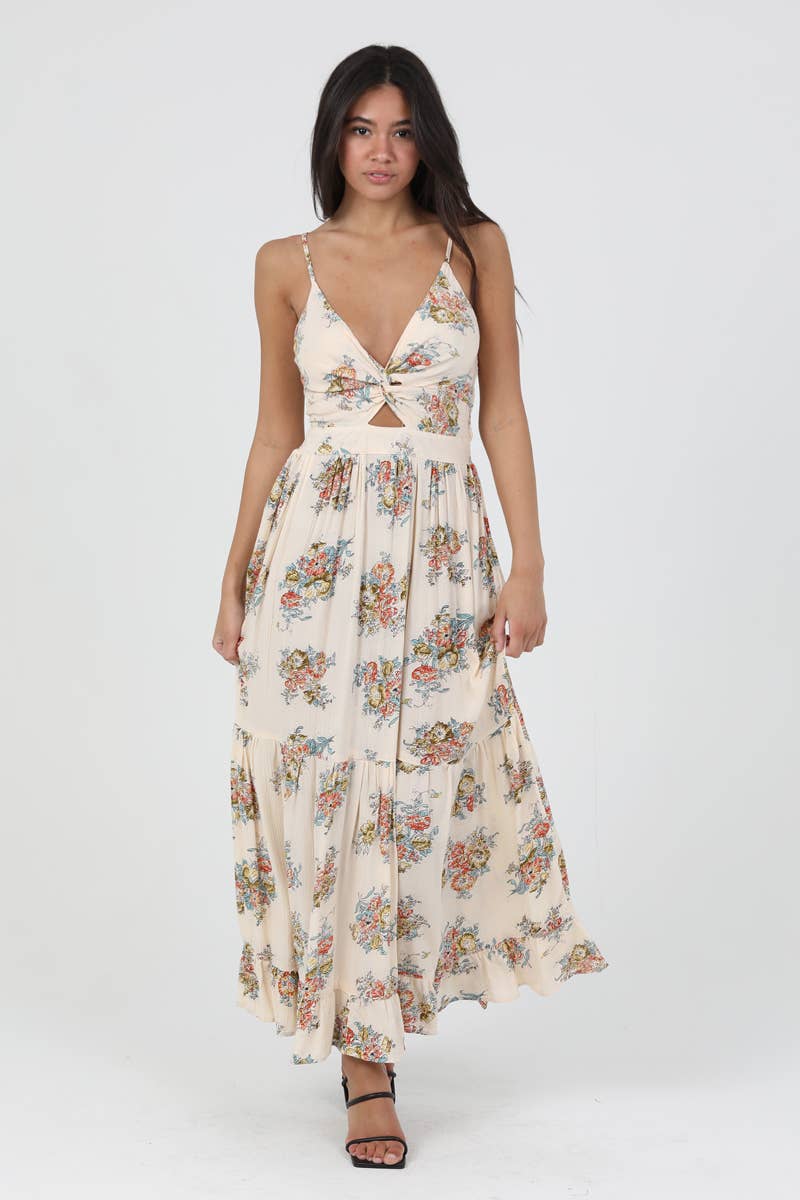 F4F50-MN63 V NECK TWIST FRONT MAXI DRESS WITH CUTOUT