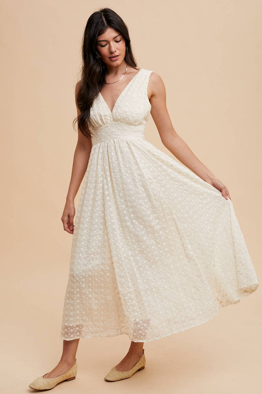 Ild5400 FLORAL EMBROIDERED MAXI DRESS: VINTAGE CREME