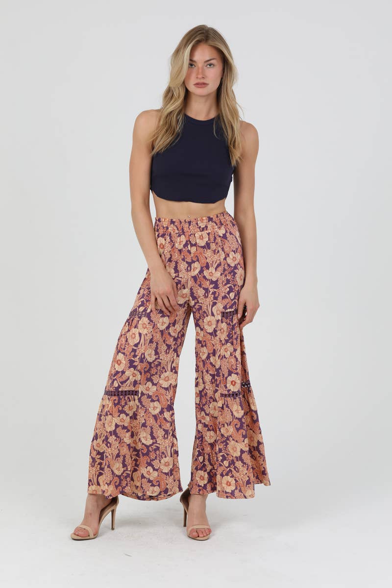 25R84-A798 PRINTED WIDE LEG PANTS WITH LACE INSERTS