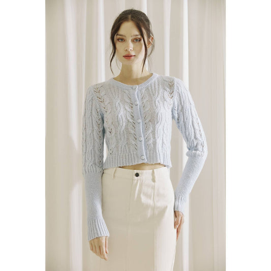 JT5530- MONOCHROMATIC LIGHT CABLE KNIT CARDIGAN: BABY BLUE