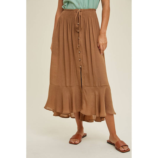 BUTTON-UP MIDI SKIRT WITH DRAWSTRING / WL23-7528: HAZELNUT