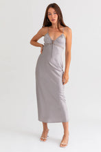 Load image into Gallery viewer, LACED TRIM MAXI SATIN DRESS: SILVER
