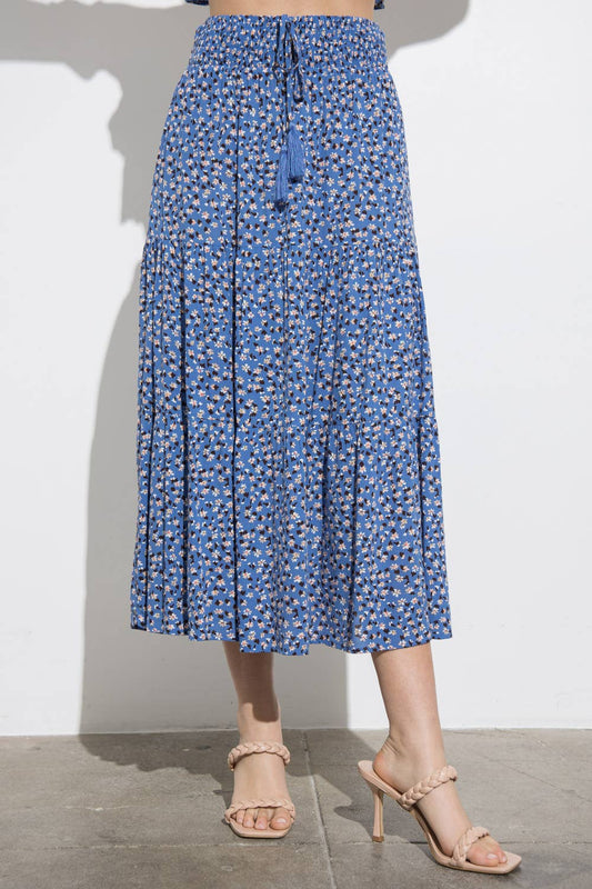 Blue Floral Skirt With Elastic Waist