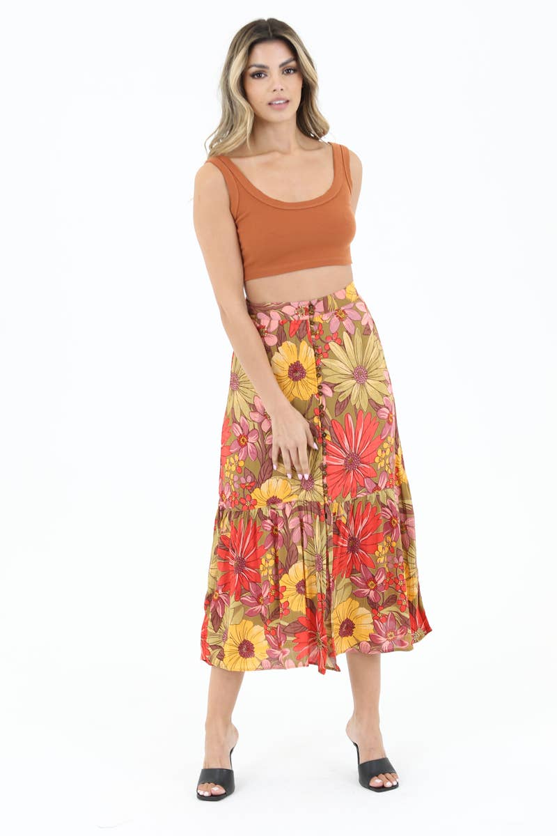 26N77-A771 PRINTED MAXI SKIRT WITH BUTTON FRONT