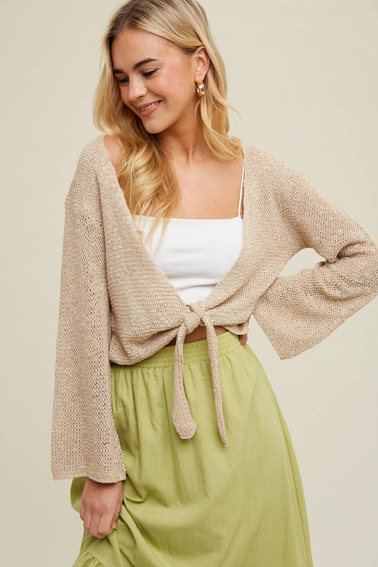 OPEN KNIT SWEATER SELF-TIE CARDIGAN / WL24-8627: TAUPE