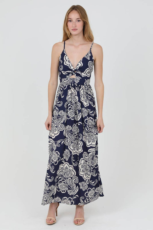 F4B48-A888 V NECK TWIST FRONT MAXI DRESS WITH SIDE SLITS
