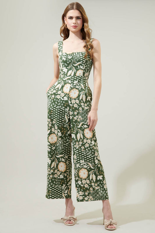 Fernwood Floral Sweet Stuff Wide Leg Jumpsuit: Olive Green