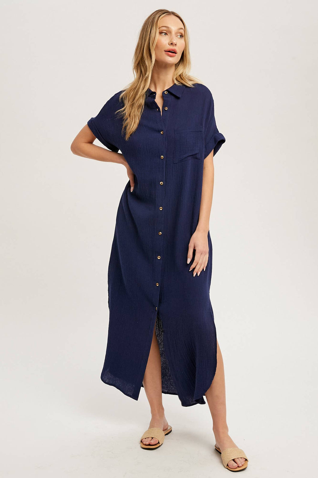 XBUTTON UP MAXI SHIRT DRESS WITH POCKET