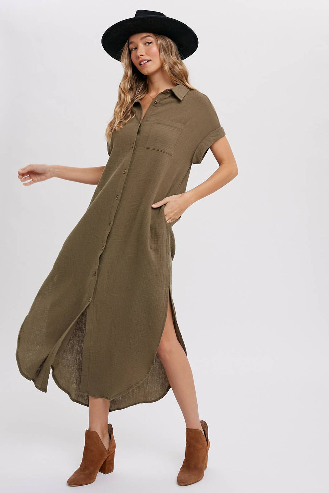 Lt olive - BUTTON UP MAXI SHIRT DRESS WITH POCKET