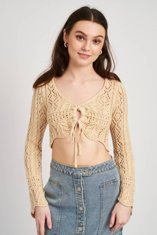 CROCHET CROPPED TOP WITH FRONT TIE: TAUPE