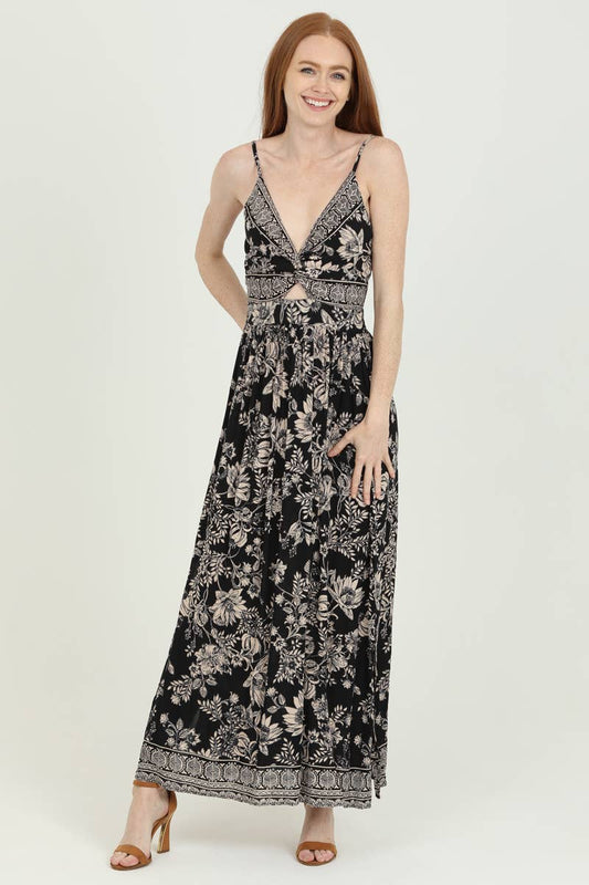 F4B48-FO23 V NECK TWIST FRONT MAXI DRESS