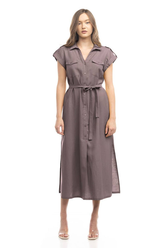 Epaulette Shoulder Shirt Maxi Dress - AD116725: Taro