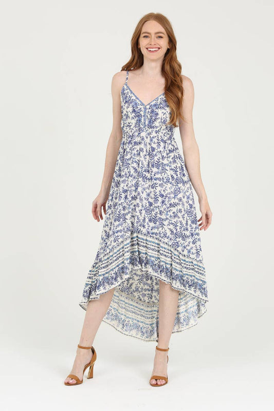 F4D16-FP95 PRINTED HI LO HEM MAXI DRESS