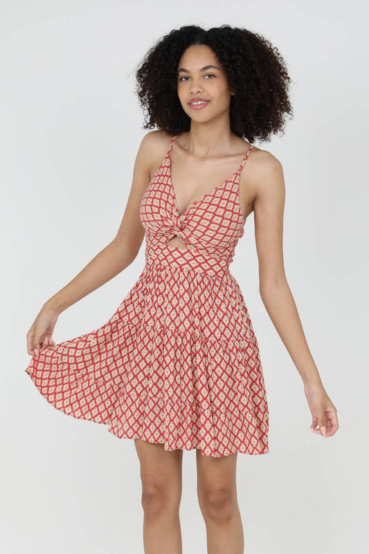 C4143-WA42 PRINTED V NECK TWIST FRONT CUT OUT SUNDRESS